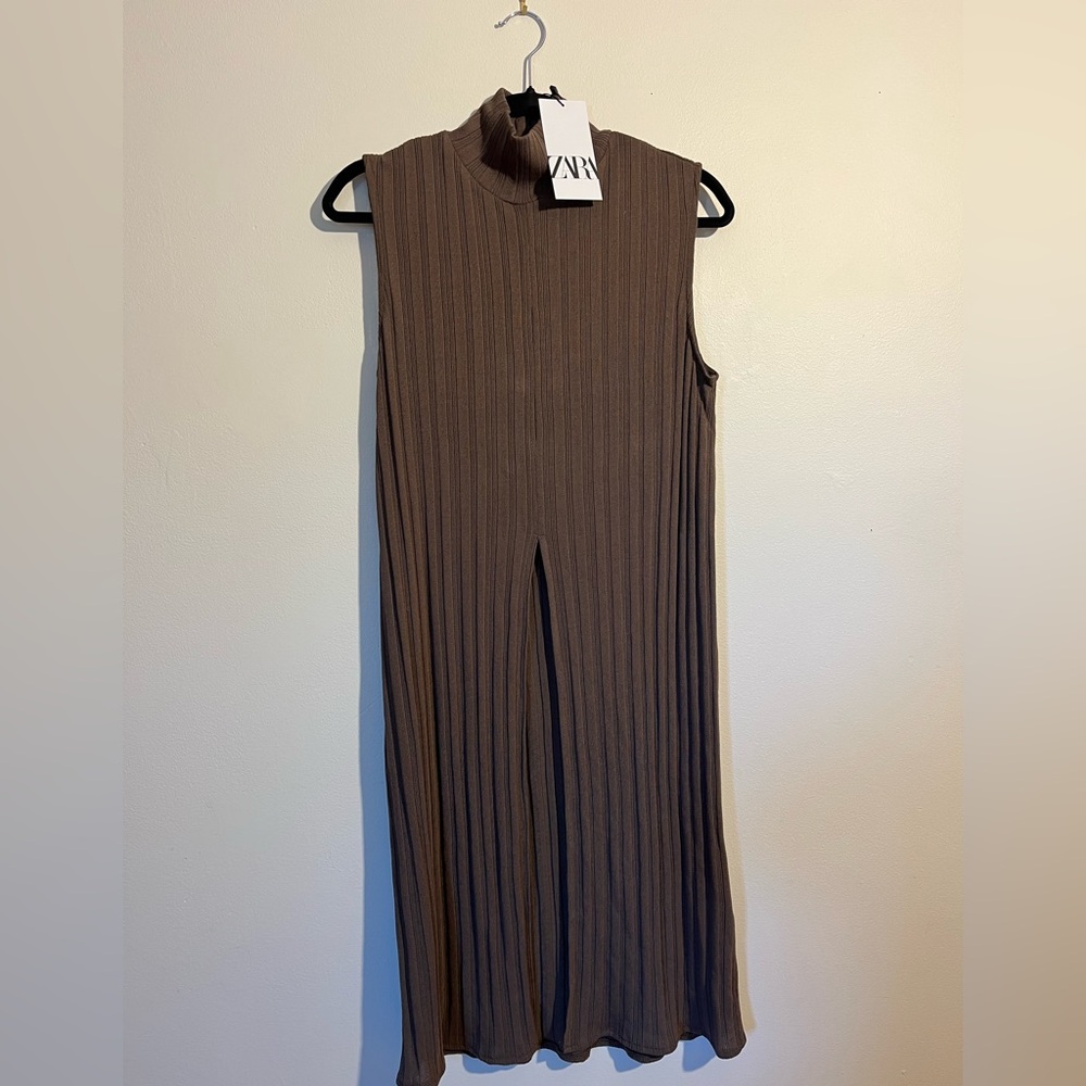 Zara Taupe Ribbed Turtleneck Dress